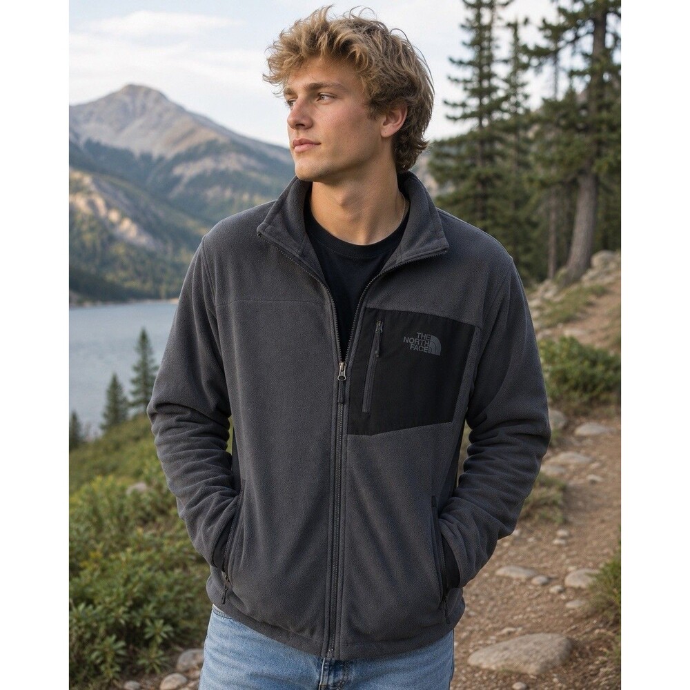 The North Face Chimborazo Jacket Mens Medium Gray Full Zip Fleece Chest Pocket